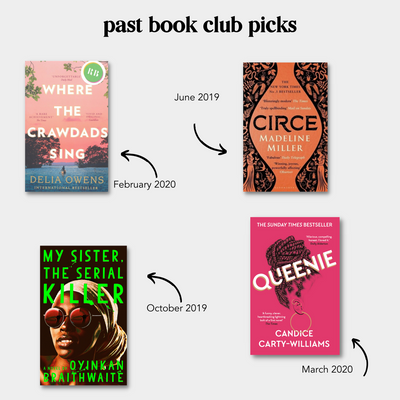 Four book covers that are previous Rare Birds Book Club books: Where the Crawdads Sing, Circe, My Sister the Serial Killer and Queenie