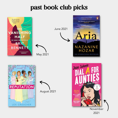 Four book covers showing past Rare Birds Book Club books: The Vanishing Half, Aria, Reputation and Dial A for Aunties